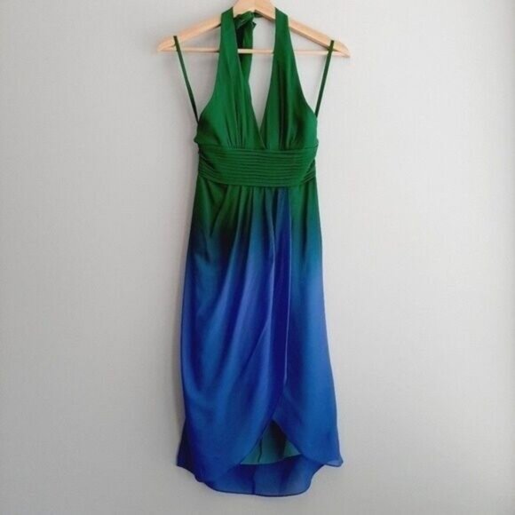BCBG MaxAzria Silk Ombre Halter Dress Blue Green Sz 0 Flawed - Picture 3 of 15